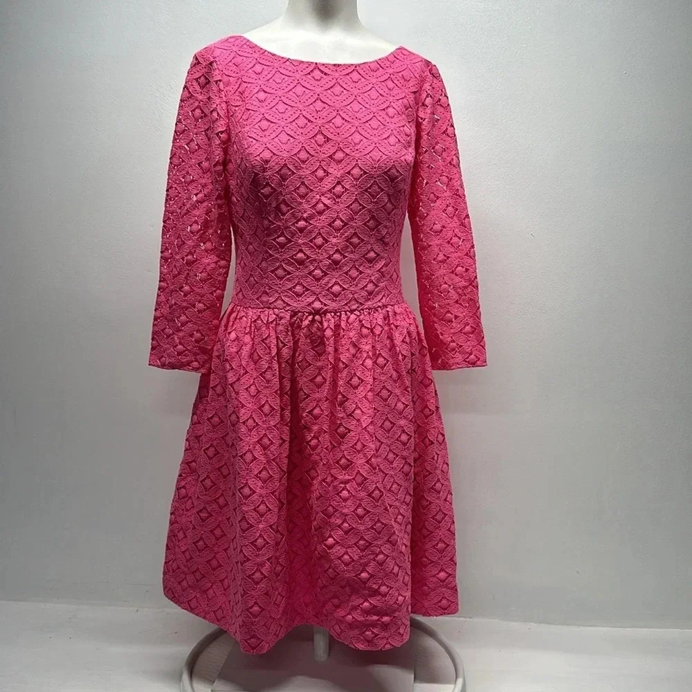Lilly Pulitzer Lori Dress Fit And Flare 3/4 Sleeve Tulle Lace Pink New Size 2